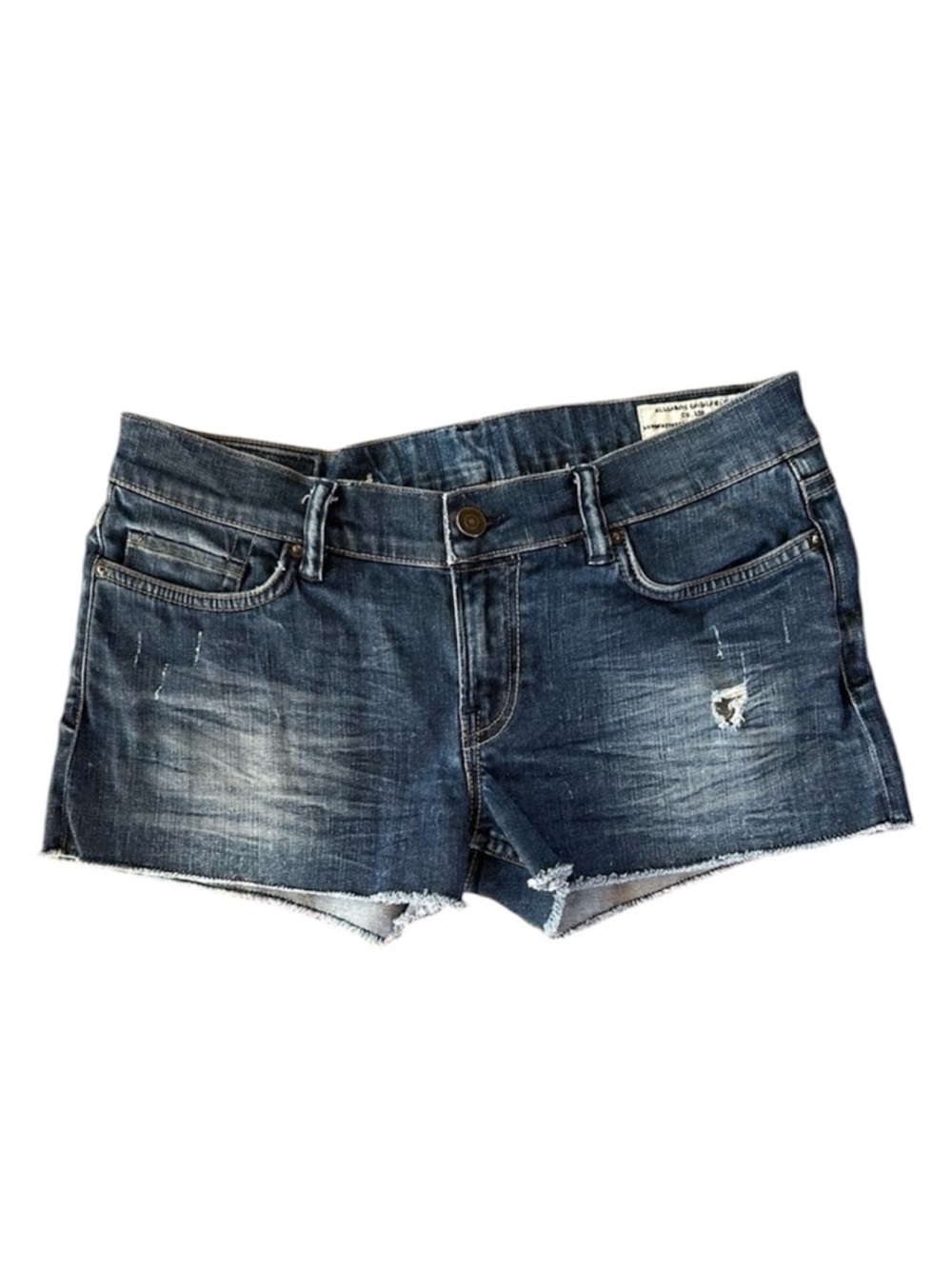 All Saints | Women’s Dark Blue Denim Raw Hem Distressed Jean Shorts Size 28
